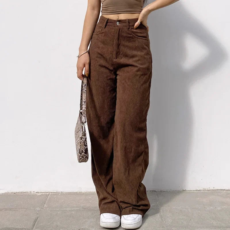 Women Casual Pants Retro Vintage Corduroy Spring High Waist Loose Slim Solid Casual All-match Straight-Leg Pants