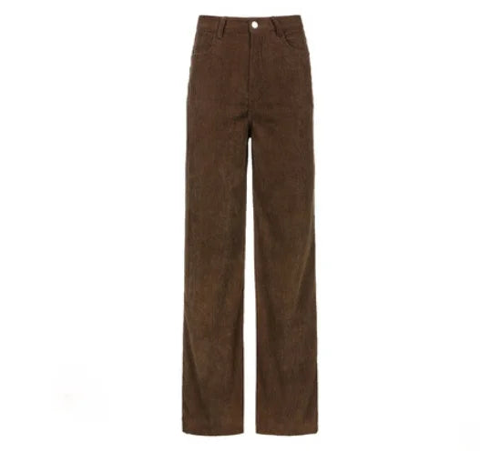 Women Casual Pants Retro Vintage Corduroy Spring High Waist Loose Slim Solid Casual All-match Straight-Leg Pants
