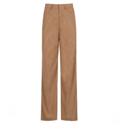 Women Casual Pants Retro Vintage Corduroy Spring High Waist Loose Slim Solid Casual All-match Straight-Leg Pants